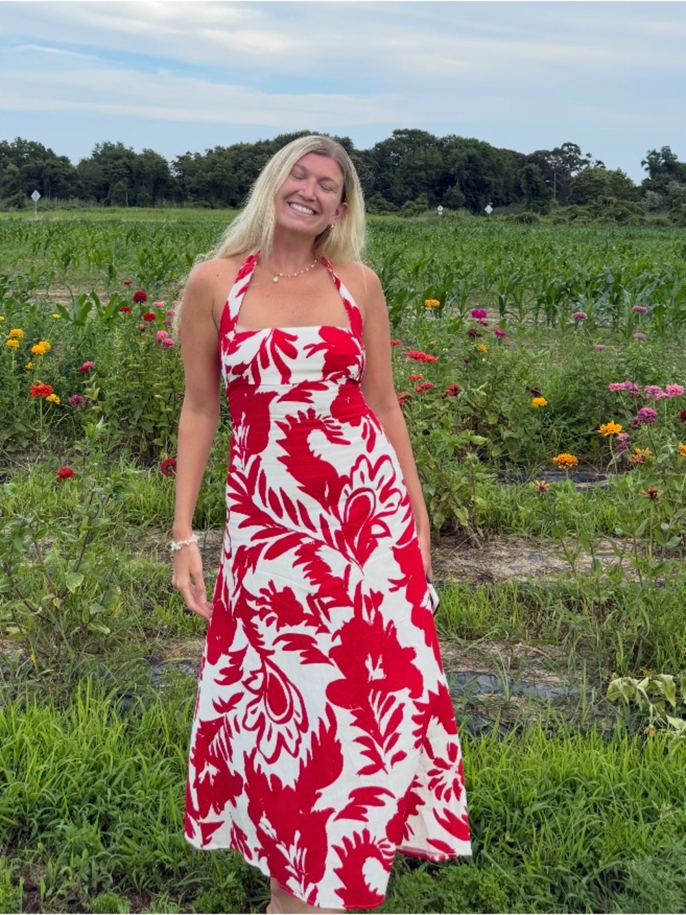 Zara Red and White Linen Halter Floral Maxi Dress